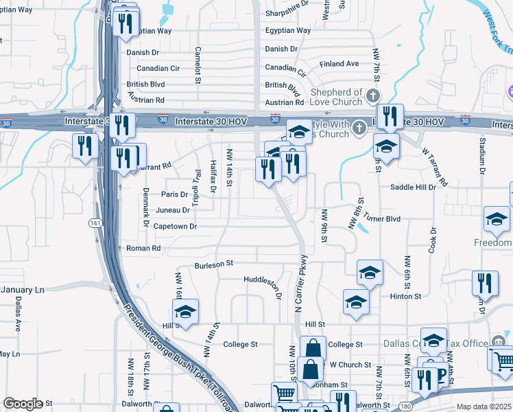 map of restaurants, bars, coffee shops, grocery stores, and more near 8121 Paris Drive in Grand Prairie