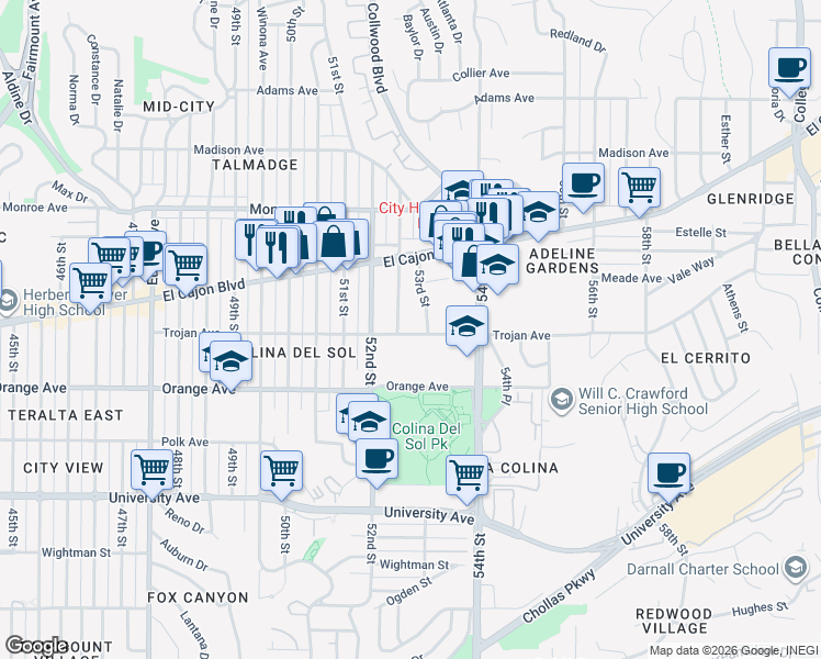 map of restaurants, bars, coffee shops, grocery stores, and more near 4333 Dawson Avenue in San Diego