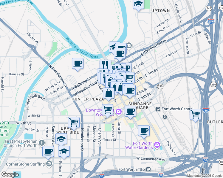 map of restaurants, bars, coffee shops, grocery stores, and more near 209 West 2nd Street in Fort Worth