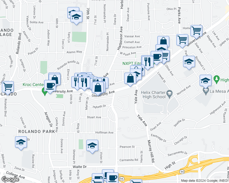 map of restaurants, bars, coffee shops, grocery stores, and more near 7180 University Avenue in La Mesa