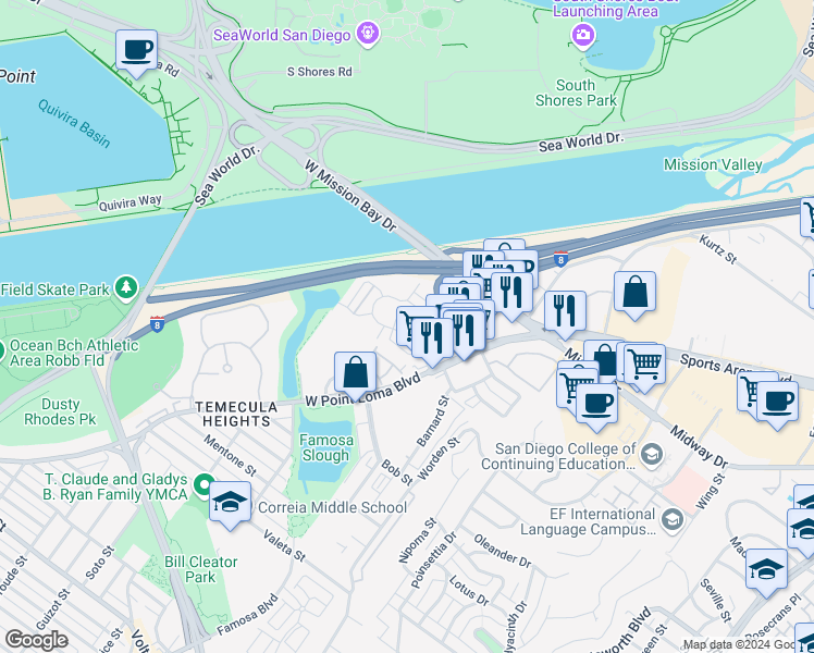 map of restaurants, bars, coffee shops, grocery stores, and more near 3249 Loma Riviera Drive in San Diego