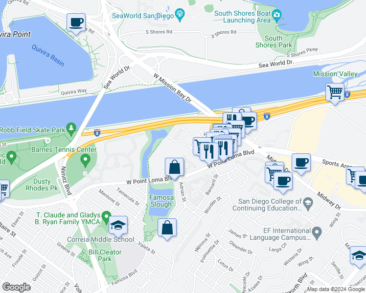 map of restaurants, bars, coffee shops, grocery stores, and more near 3216 Loma Riviera Drive in San Diego