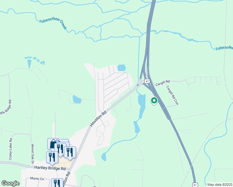map of restaurants, bars, coffee shops, grocery stores, and more near Brandon Drive in Bibb County