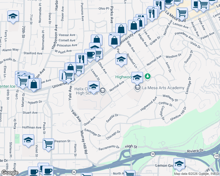 map of restaurants, bars, coffee shops, grocery stores, and more near 4241 Lowell Street in La Mesa