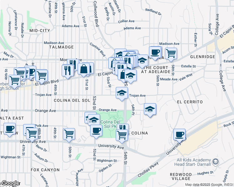 map of restaurants, bars, coffee shops, grocery stores, and more near 5350 Trojan Avenue in San Diego