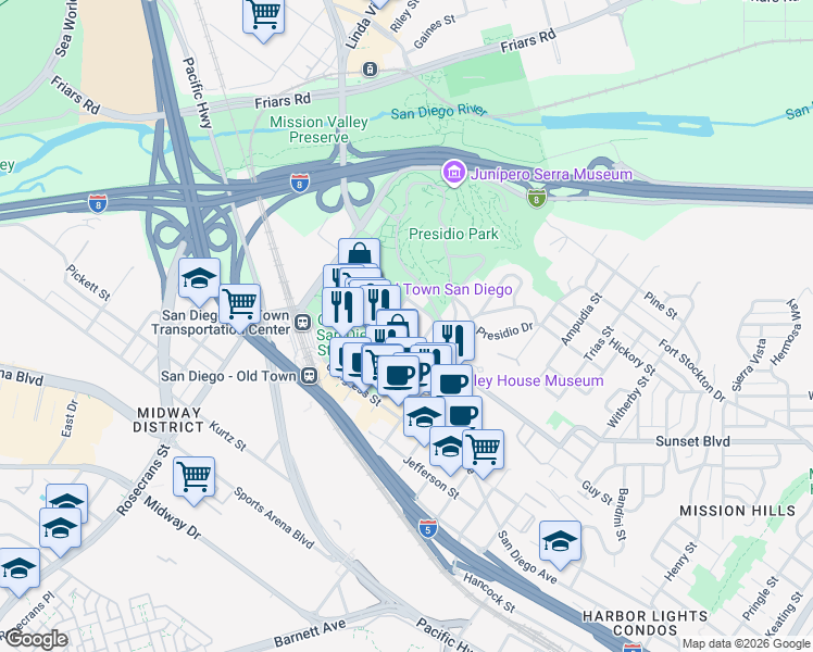 map of restaurants, bars, coffee shops, grocery stores, and more near 2634-38 Juan Street in San Diego