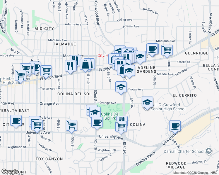 map of restaurants, bars, coffee shops, grocery stores, and more near 4306 53rd Street in San Diego