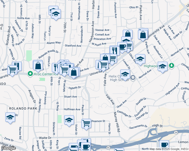 map of restaurants, bars, coffee shops, grocery stores, and more near 7242 University Avenue in La Mesa