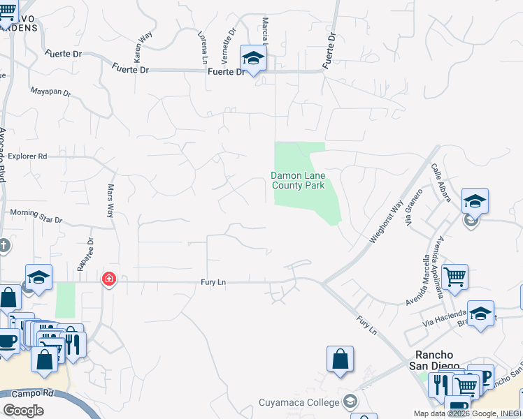 map of restaurants, bars, coffee shops, grocery stores, and more near 11577 Shadow Ranch Road in La Mesa