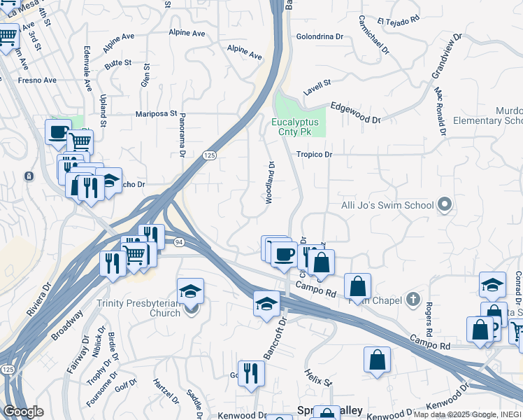 map of restaurants, bars, coffee shops, grocery stores, and more near 4220 Woodland Drive in La Mesa