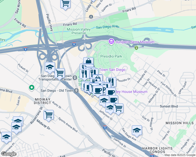 map of restaurants, bars, coffee shops, grocery stores, and more near 2635 Sunset Street in San Diego