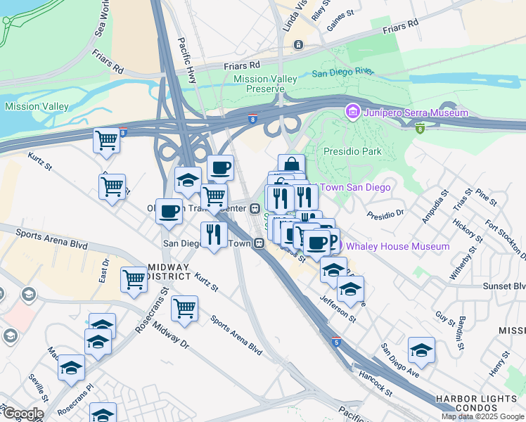 map of restaurants, bars, coffee shops, grocery stores, and more near in San Diego