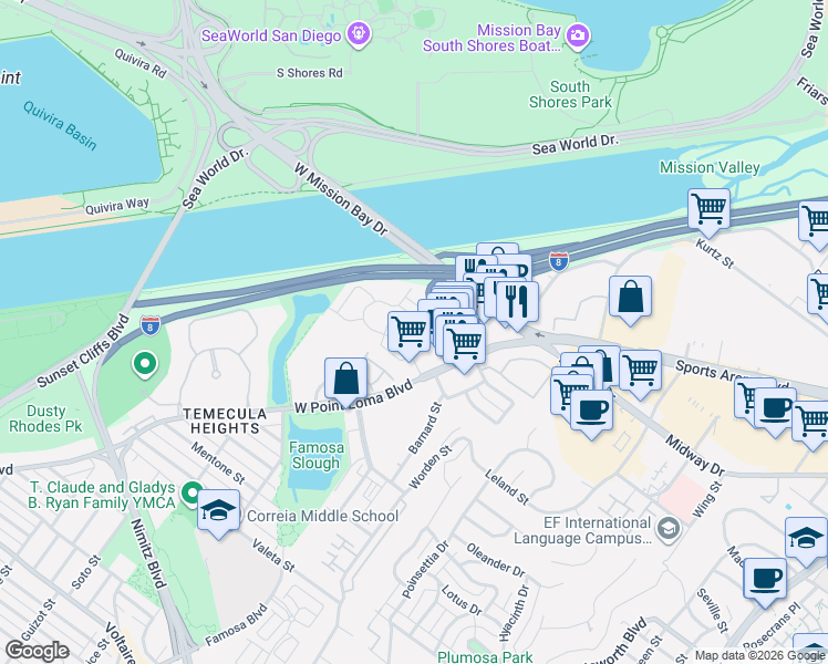 map of restaurants, bars, coffee shops, grocery stores, and more near 4050 Loma Riviera Circle in San Diego