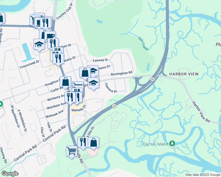 map of restaurants, bars, coffee shops, grocery stores, and more near 1532 Theresa Drive in Charleston