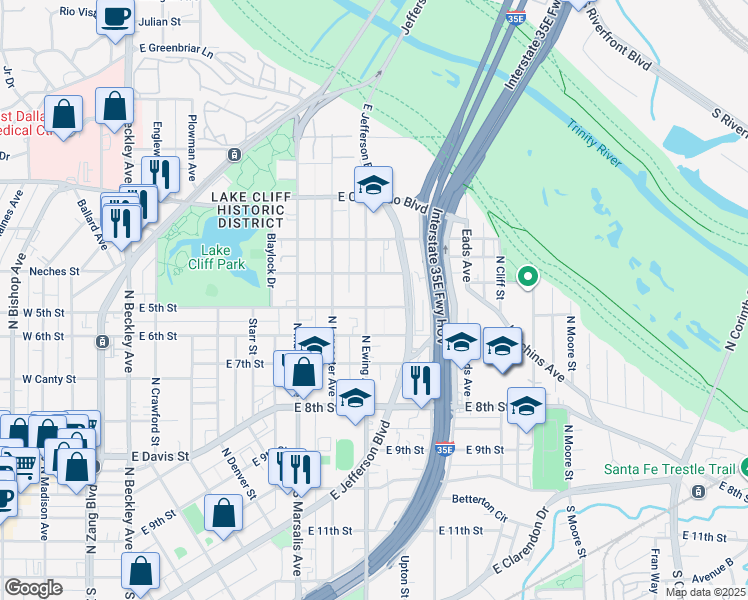 map of restaurants, bars, coffee shops, grocery stores, and more near 619 North Ewing Avenue in Dallas