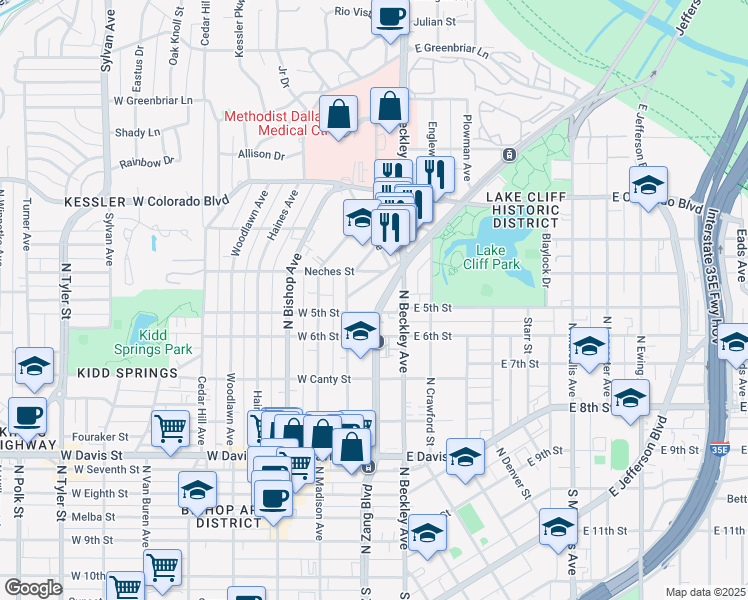 map of restaurants, bars, coffee shops, grocery stores, and more near 1033 North Zang Boulevard in Dallas