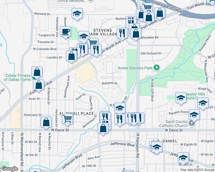 map of restaurants, bars, coffee shops, grocery stores, and more near 2425 Bahama Drive in Dallas