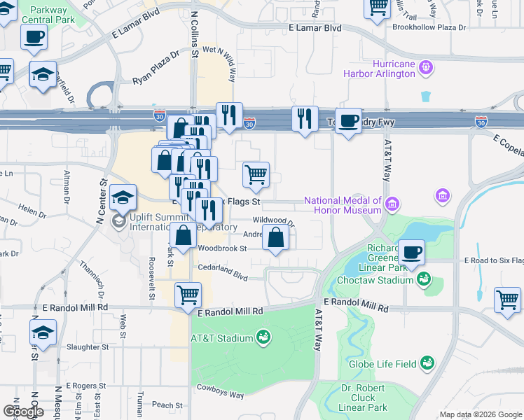 map of restaurants, bars, coffee shops, grocery stores, and more near 1109 East Road to Six Flags Street in Arlington