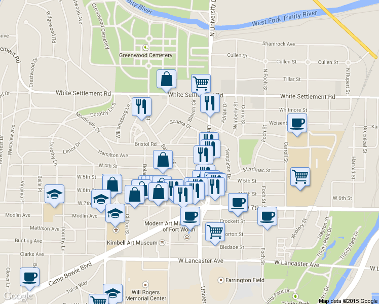 map of restaurants, bars, coffee shops, grocery stores, and more near 3129 Sondra Drive in Fort Worth