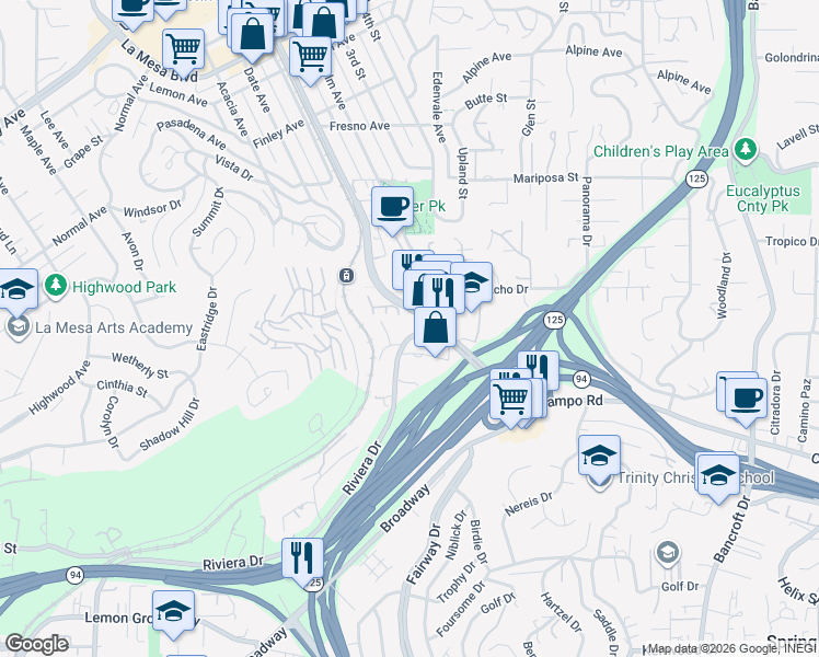 map of restaurants, bars, coffee shops, grocery stores, and more near 4210 Spring Street in La Mesa
