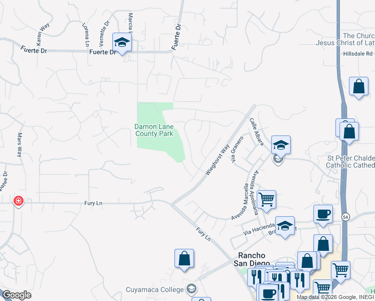 map of restaurants, bars, coffee shops, grocery stores, and more near 11673 Calle Simpson in El Cajon