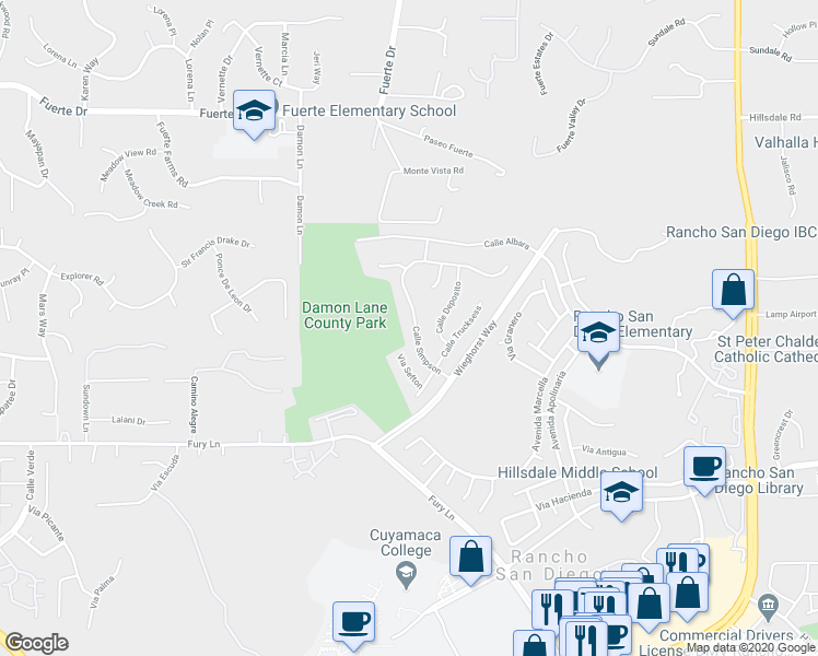 map of restaurants, bars, coffee shops, grocery stores, and more near 11673 Calle Simpson in El Cajon