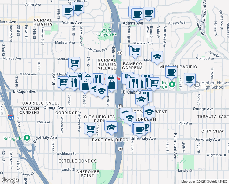 map of restaurants, bars, coffee shops, grocery stores, and more near El Cajon Blvd & 40th St in San Diego