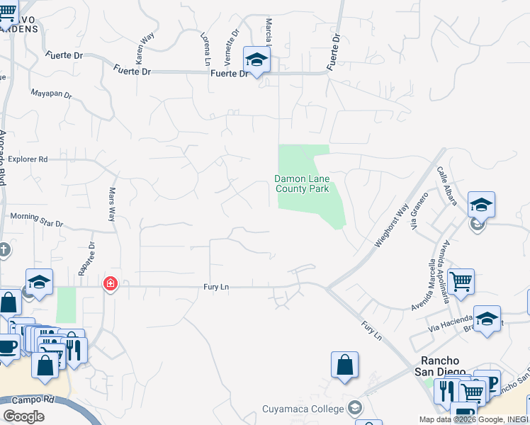 map of restaurants, bars, coffee shops, grocery stores, and more near 11577 Shadow Ranch Road in La Mesa