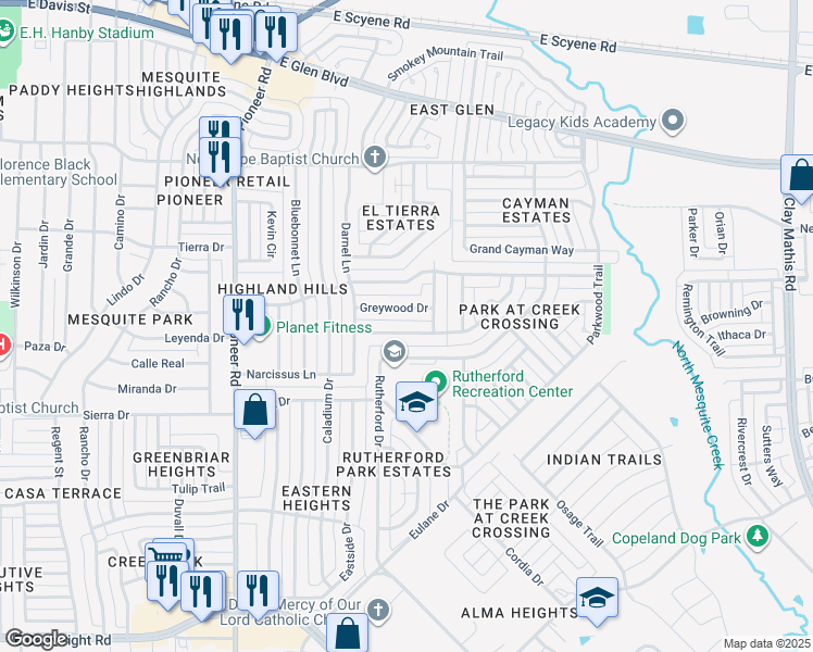 map of restaurants, bars, coffee shops, grocery stores, and more near 1613 Hillwood Drive in Mesquite