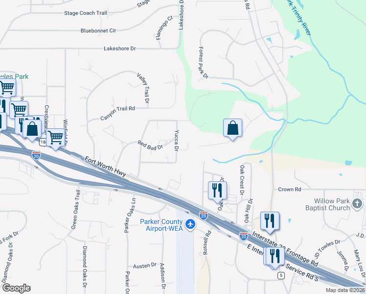 map of restaurants, bars, coffee shops, grocery stores, and more near 3801 Arroyo Drive in Weatherford