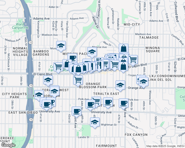 map of restaurants, bars, coffee shops, grocery stores, and more near 4474 El Cajon Boulevard in San Diego
