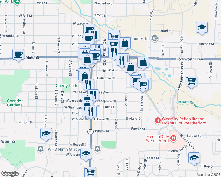 map of restaurants, bars, coffee shops, grocery stores, and more near 318 South Walnut Street in Weatherford