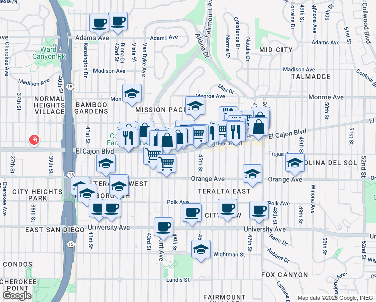 map of restaurants, bars, coffee shops, grocery stores, and more near El Cajon Blvd & Highland Ave in San Diego