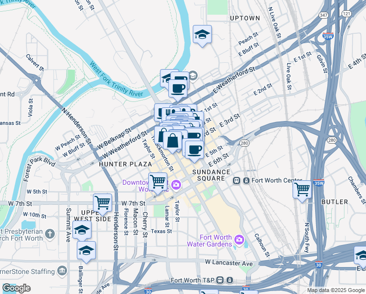 map of restaurants, bars, coffee shops, grocery stores, and more near 400 Main Street in Fort Worth