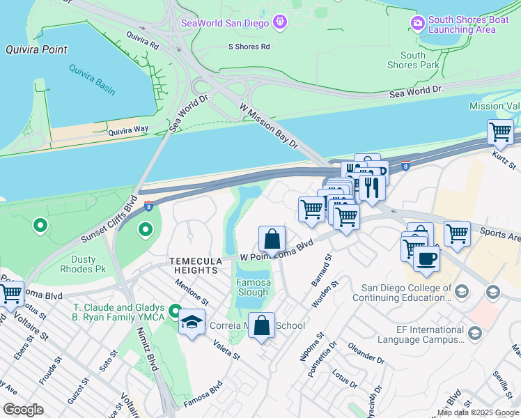 map of restaurants, bars, coffee shops, grocery stores, and more near 4341 Loma Riviera Court in San Diego