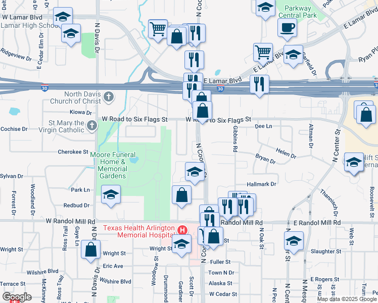 map of restaurants, bars, coffee shops, grocery stores, and more near 1403 Birmingham Drive in Arlington