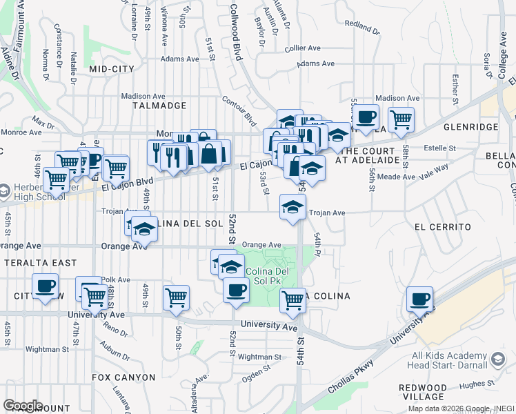 map of restaurants, bars, coffee shops, grocery stores, and more near 5270 Trojan Avenue in San Diego