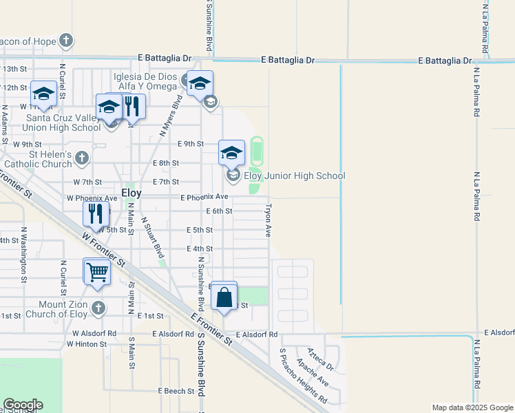 map of restaurants, bars, coffee shops, grocery stores, and more near 409 East Phoenix Avenue in Eloy