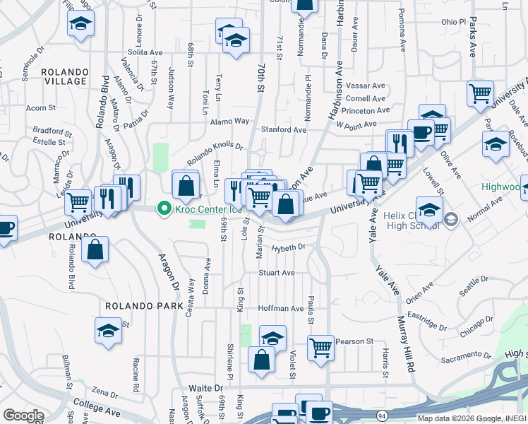 map of restaurants, bars, coffee shops, grocery stores, and more near 4218 Harbinson Avenue in La Mesa