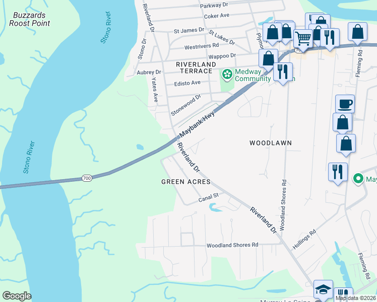 map of restaurants, bars, coffee shops, grocery stores, and more near 2240 Maxcy Street in Charleston