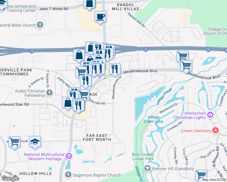 map of restaurants, bars, coffee shops, grocery stores, and more near 8705 Meadowbrook Drive in Fort Worth