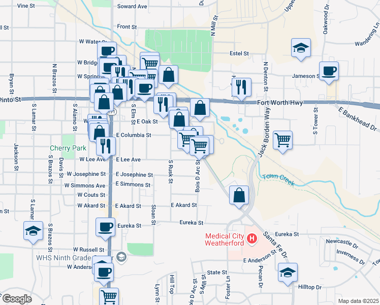 map of restaurants, bars, coffee shops, grocery stores, and more near 250 Town Creek Hike and Bike Trail in Weatherford