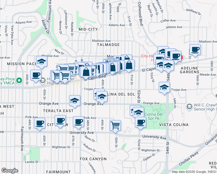 map of restaurants, bars, coffee shops, grocery stores, and more near 4312 Winona Avenue in San Diego