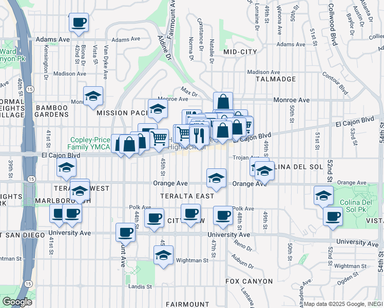 map of restaurants, bars, coffee shops, grocery stores, and more near 4643 El Cajon Boulevard in San Diego