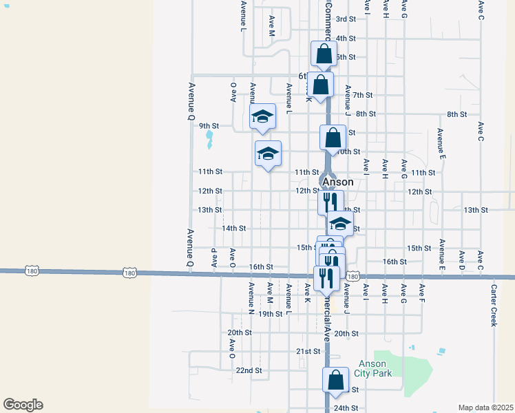 map of restaurants, bars, coffee shops, grocery stores, and more near 1221 Avenue North in Anson
