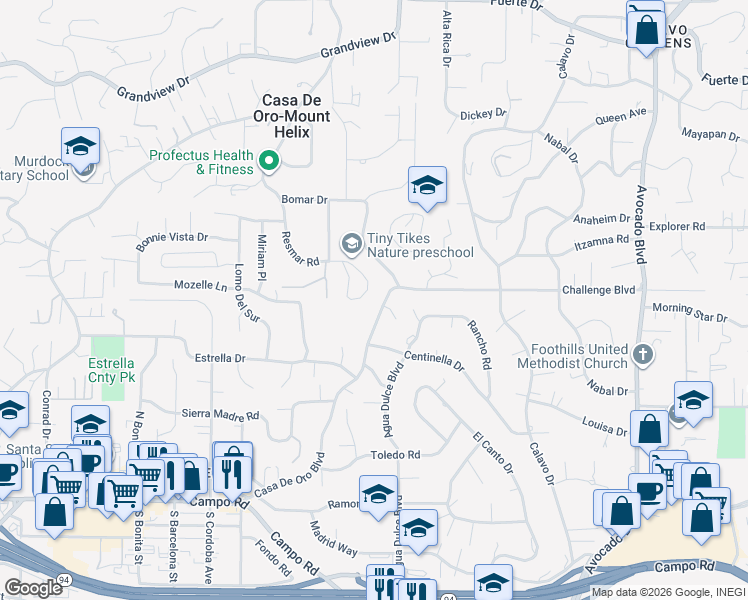 map of restaurants, bars, coffee shops, grocery stores, and more near 10320 Challenge Boulevard in La Mesa