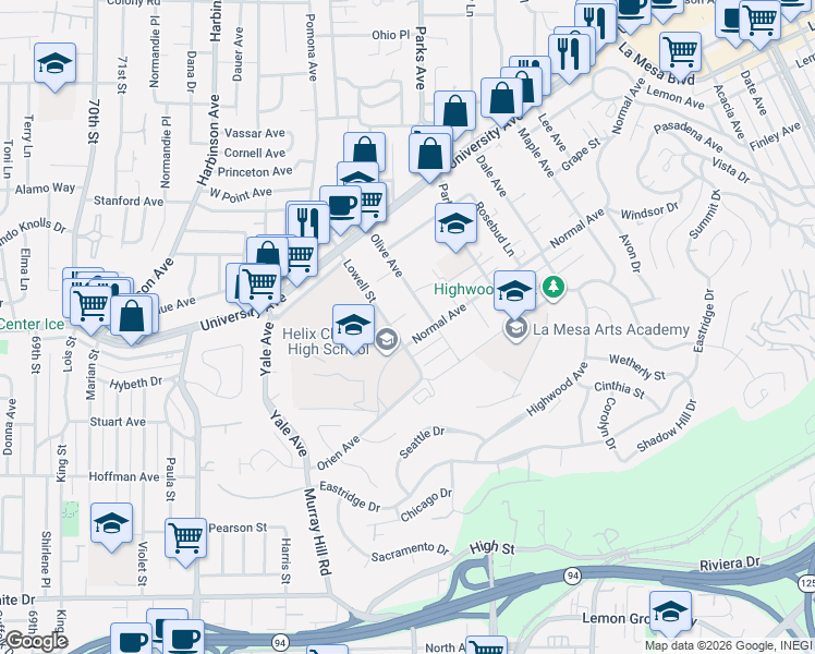 map of restaurants, bars, coffee shops, grocery stores, and more near 4241 Lowell Street in La Mesa