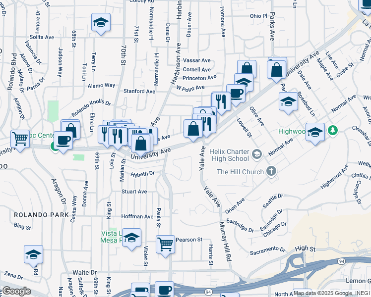 map of restaurants, bars, coffee shops, grocery stores, and more near 7242 University Avenue in La Mesa