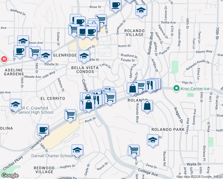 map of restaurants, bars, coffee shops, grocery stores, and more near 6236 Tarragona Drive in San Diego