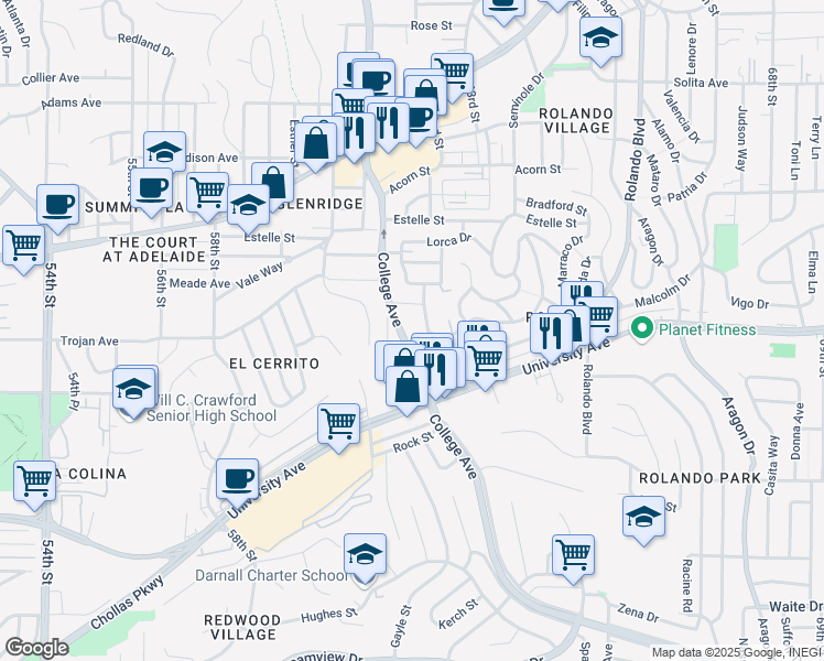 map of restaurants, bars, coffee shops, grocery stores, and more near 6120 Tarragona Drive in San Diego